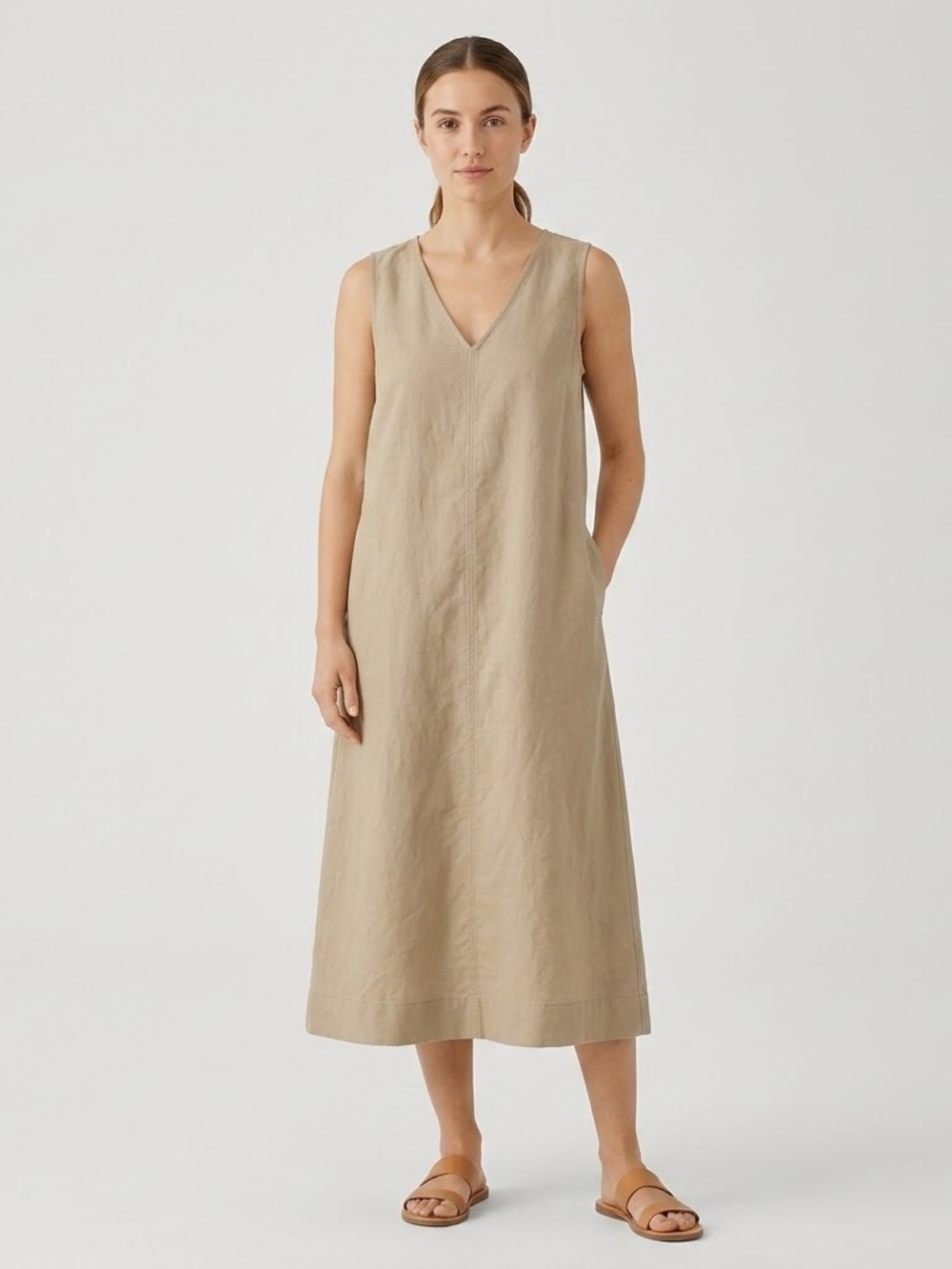 Uniqlo V-Neck Sleeveless Linen Dress in Beige